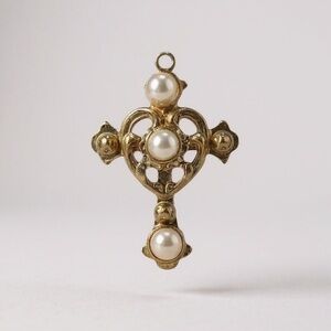 Vintage Gold-Tone Filigree Cross Pendant w/ Faux Pearl Accents